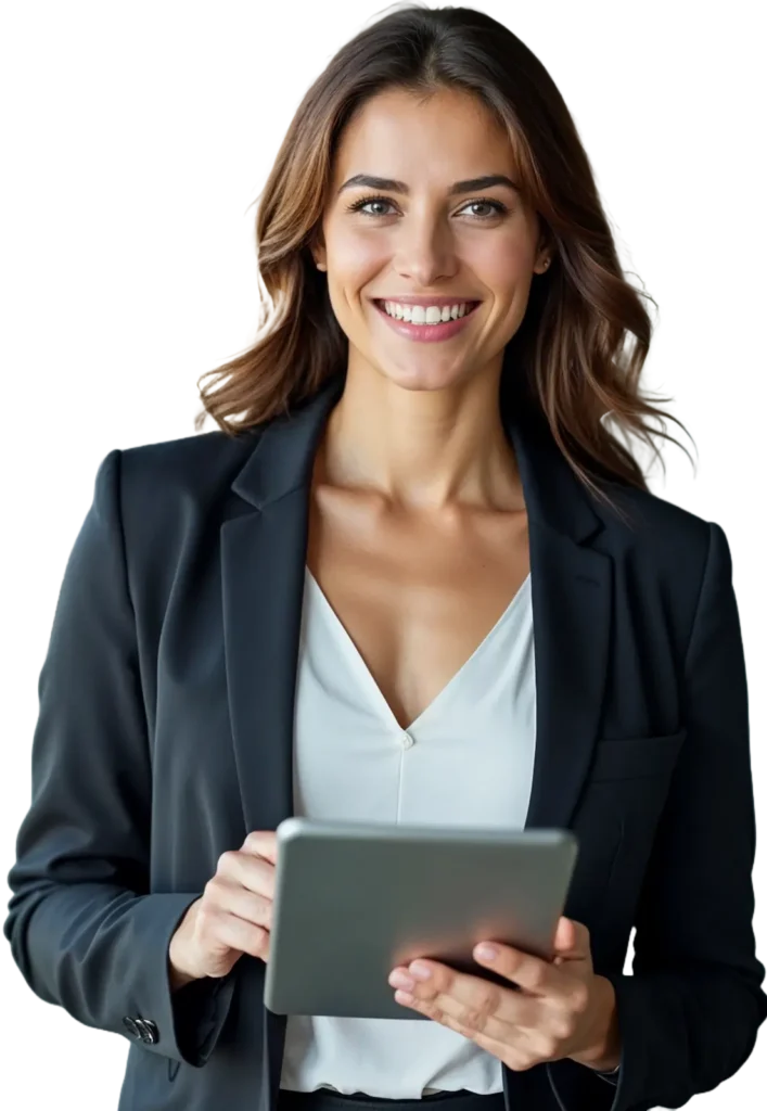 Smiling professional woman in a blazer holding a tablet and looking at the camera.